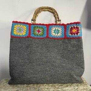 La Milanesa Grey Knit Crochet Square Bamboo Handle Large‎ Purse